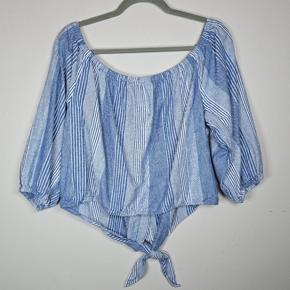 American Eagle Linen Blend Cropped Button Up Front Tie Top Stripe Puff Sleeve XL - Picture 6 of 9